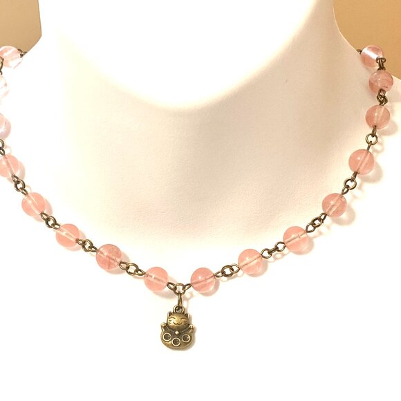 Cute Cherry Quartz Bronze Fortune Cat Adjustable Pendant Choker - Picture 2 of 16